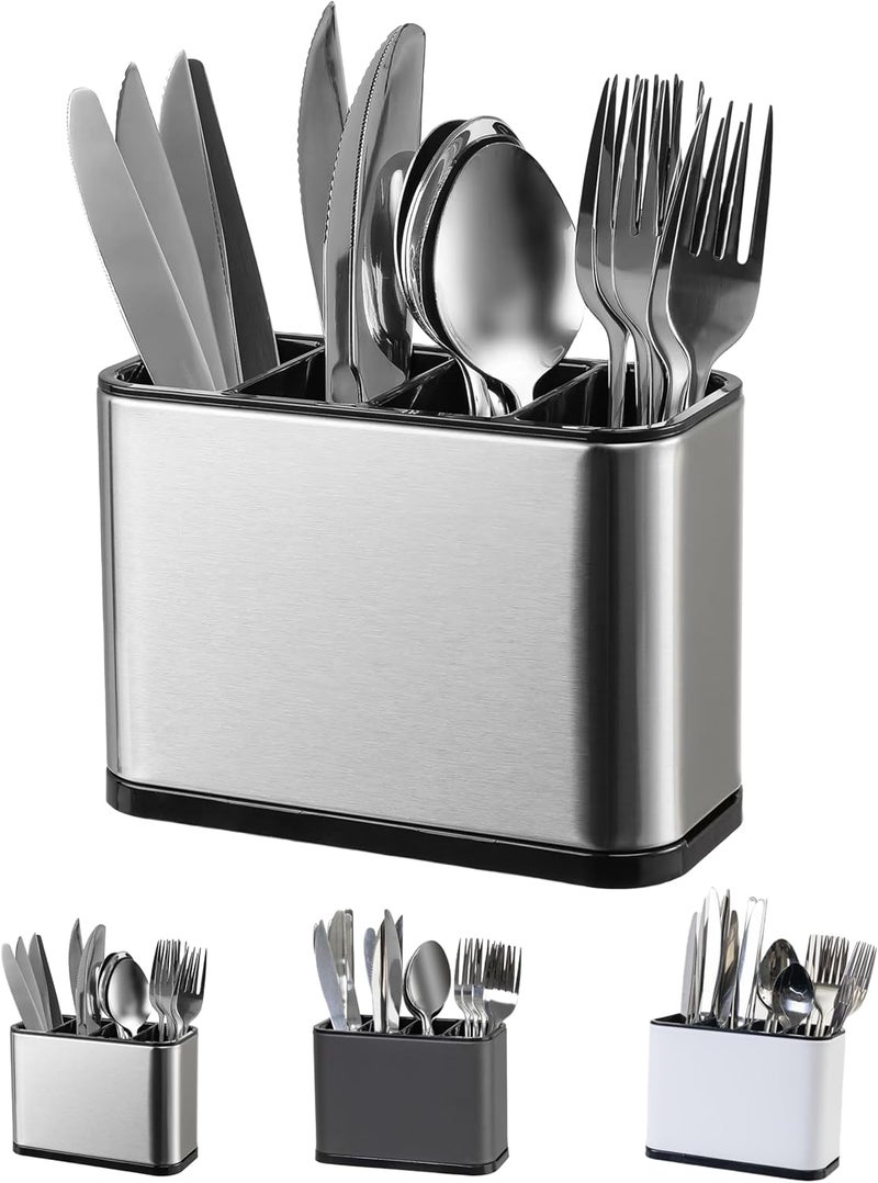 LIBODOUR Utensil Holder,Stainless Steel Caddy Counter,Spoon holder,4 Compartments Silverware Caddy,Capacity Flatware Spoon Fork Tool Cutlery Holder（Silvery） - Image 1